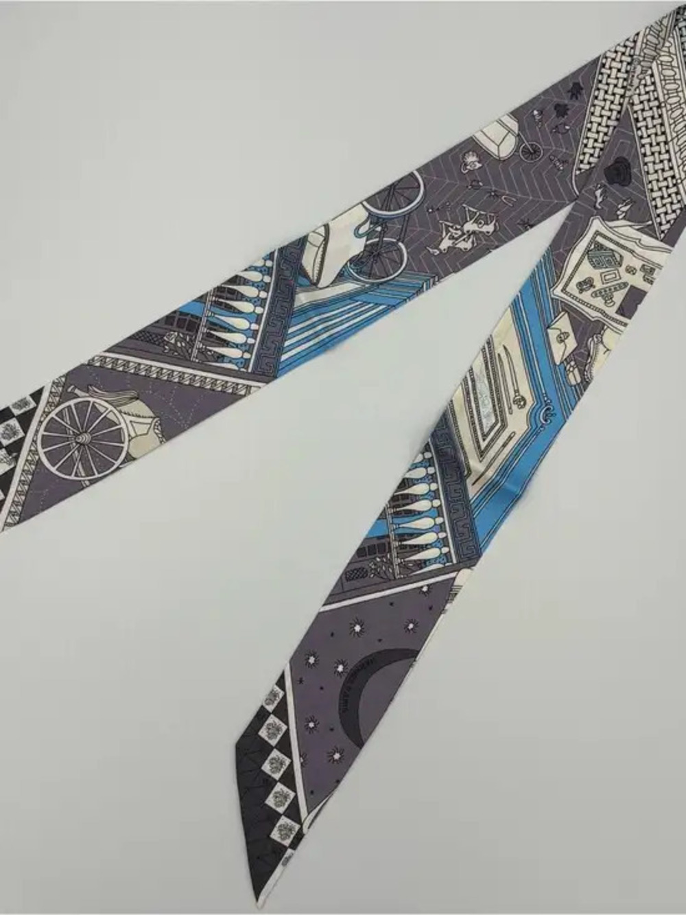 Hermes Twilly Grey Blue Carriage 100% Silk Bag Scarf Ribbon